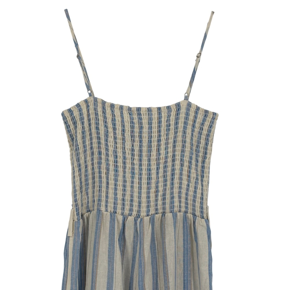 Love Tree Striped Wide Leg Jumpsuit Large Blue White Linen Blend Smocked Coastal - Picture 6 of 9